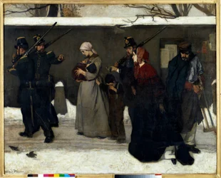 Det såkaldte vagabonderi, også kaldet »Jægerne fra Vincennes«: nationalgardister standser familier på gaden. Mål: 1,3 x 1,6 m. Paris, Musée d