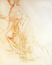Studie af to figurer, en stående og en knælende, ca. 1850 (rødt kridt på papir) (se 366413 for verso)