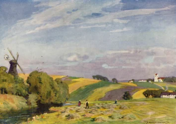 Danmark: Et typisk dansk landskab, Sønderjylland (farve litho)