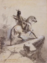 Crow Indian on Lookout, ca. 1837 (pen og blæk, vask og gouache på papir)