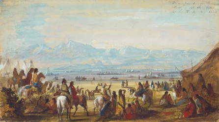 Lejr ved Green River ved bunden af Rocky Mountains, ca. 1837 (blyant, akvarel og gouache på papir)