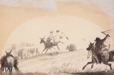Mule kaster sin pakke af, ca. 1837 (blyant, pen og blæk og vask på papir)