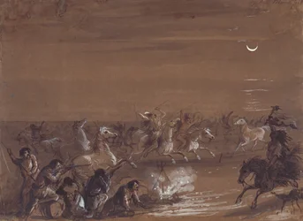 Stampede by the Blackfeet, ca. 1837 (blæk, vask og gouache på mørkt papir)
