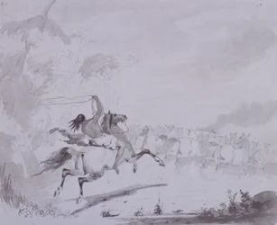 Kaster lasso, ca. 1837 (pen og blæk med grå vask på gråt kort)
