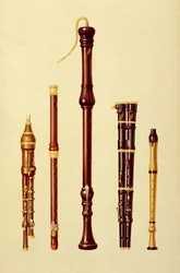 En dobbelt flageolet, en tysk fløjte, en basblokfløjte, en dobbelt flageolet og en blokfløjte, fra „Musikinstrumenter“