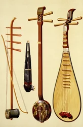 En huqin med bue, en sheng, en sanxian og en pipa, kinesiske instrumenter fra «Musikinstrumenter»