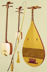 En shamisen, en kokyū og en biwa, japanske, fra «Musikinstrumenter»