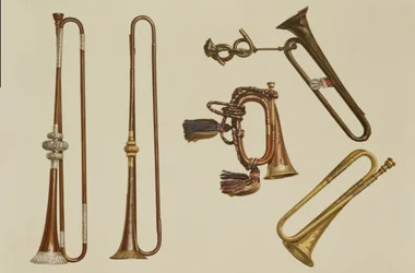 Kavaleritrompet, en hornlygte, en forgyldt trompet af John Harris fra ca. 1730, en trompet og en sølvmonteret trompet af William Ball fra ca. 1680, fra "Musical Instruments" (farvelitografi)