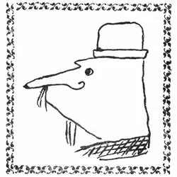 Portræt af Monsieur Ubu af Alfred Jarry. Pennetegning i en typografisk ramme af trebladede tråde -Princeps-udgave af Ubu Roi, Mercure de France, juni 1896.