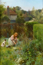 Plukker vilde blomster i hækken, 1895