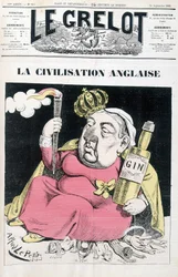 Engelsk civilisation: Victoria, en flaske gin i hånden, siddende på Egypten, Irland, Indien, Afrika og Kina - af Alfred Le Petitty, i "" Le Grelot"" fra 24/09/1882