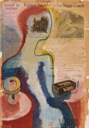 Kvinde siddende ved et bord (akvarel på avis  collage)