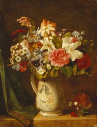 Roser, narcisser og andre blomster i en vase,