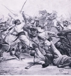 Nicholsons nederlag af oprørerne ved Najafgarh, 2. august 1857, illustration fra British Battles on Land and Sea, 1915