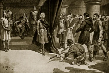 Bønder, der kaster deres plovjern ned for fødderne af Henry I, illustration fra 