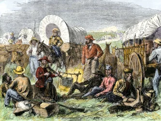 Historien om nybyggerne i West Conquete: Amerikanske pionerer. Rejsendes lejr ved Nattens Grav nær Diligences, USA. Farverigt kobberstik fra det 19. århundrede.