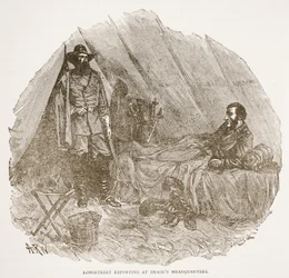 Longstreet Reporting i Braggs hovedkvarter fra en bogpub. 1896