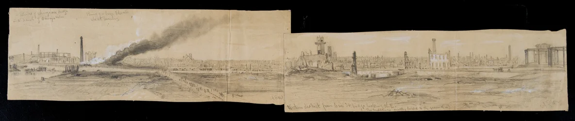 Det nordlige distrikt fra Erie Street Bridge, med udsigt mod øst, under Chicago-branden i 1871 (blyant og kridt på papir)