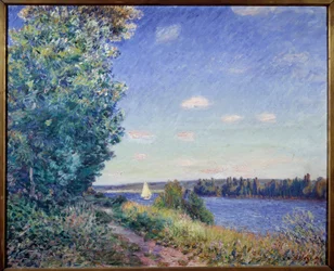 The Waterside Path a Sahurs-maleri af Alfred Sisley (1839-1899) 1894 Søn. 0,8x1 m Rouen, Museum of Fine Arts - Vandstien ved Sahurs. Maleri af Alfred Sisley (1839-1899)