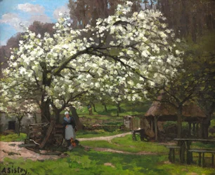 Forår, bondekone under blomstrende træer, ca. 1865