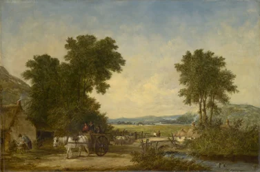 Skovklædt landskab med figurer i en vogn, ca. 1855
