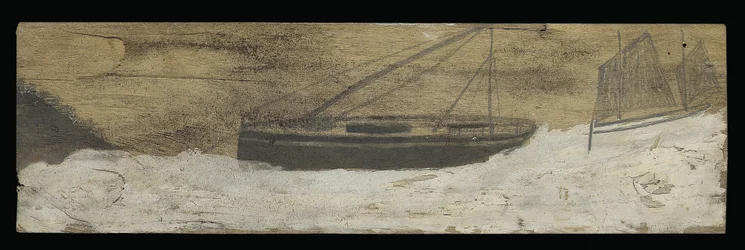 Både på uroligt vand (blyant og olie på panel)