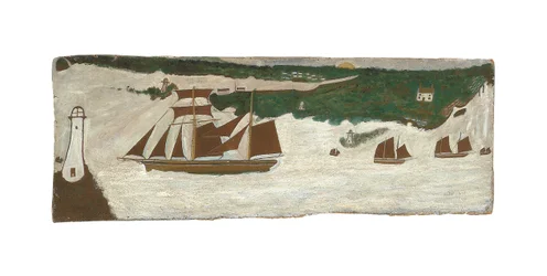 Skonnert passerer et fyrtårn, ca. 1855-1942 (olie på plade)