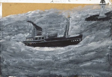 Trawler og mole (olie på kort)