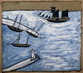 Udsigt over havnen og fyrtårnet i Saint Ives (Cornwall, England). Olie og blyant på karton, af Alfred Wallis (1855-1942)