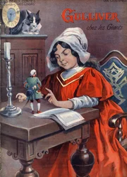Gulliver i jætterne (Brobdingnag). Fortælling af Jonathan Swift (1667-1745). Illustration af Vaccari og Carrey i "" Les beaux tales"" samling "" Nos loisirs""" omkring 1910. Privat samling.