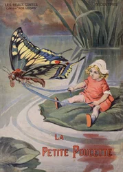 Den lille tommelfinger. En lille bitte pige, der sidder på en åkande, trækker i en sommerfugl. Fortælling af HC Andersen (1805-1875). Illustration af Vaccari og Carrey i "" Les beaux tales"" samling "" Nos loisirs""" omkring 1910. Privat samling.