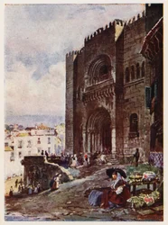 Den gamle bydel i Coimbra, Portugal (farvelitografi)