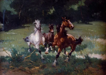 Running Horses, maleri af Alfredo Tominz (1854-1936), olie på pap, 67x48 cm, Italien