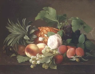 Stilleben med ananas, ferskner, blommer og vindruer