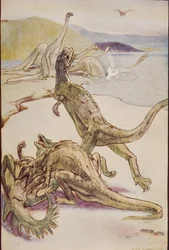 En mesozoisk scene, der viser Deinotheria, illustration fra 