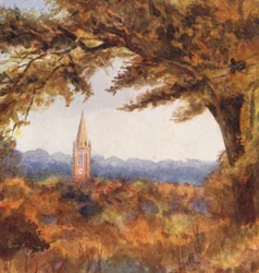 New Forest: Lyndhurst Church fra Cut Walk, november (farvelitografi)