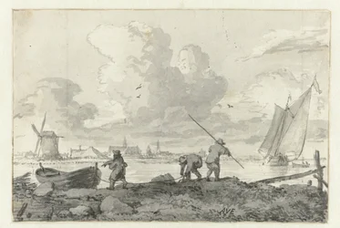 Fiskere med deres robåd på Spaarne ved Haarlem