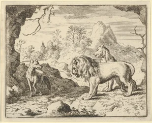 Renard overbeviser løven og løvinden om at finde en skat, som hans far stjal fra dem ..., 1650-75.