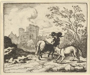Renard sender vædderen tilbage til løven med en pakke, der indeholder kaninens hoved, 1650-75.
