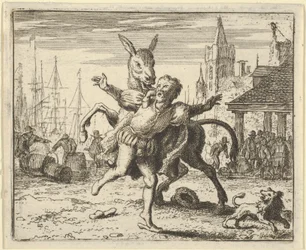 Æselen, jaloux på den opmærksomhed, hunden får fra sin herre, ser ud til at efterligne ..., 1650-75.