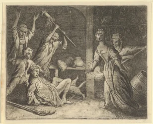 Katten, fanget i en snare, mishandles af folket fra huset, 1650-75.