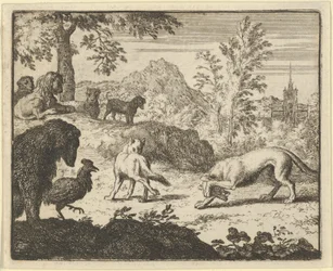 Løven tillader en kamp mellem ulven og Renard, 1650-75.
