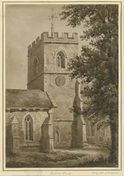 Harborne Church: rød sepia-tegning, 2. juli 1842