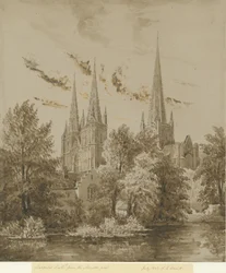 Lichfield Cathedral - South West View: sepia-tegning, juli 1842