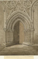 Lichfield Cathedral - West Doorway: rød/brun sepia-tegning, 27. august 1842