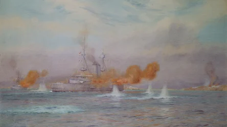 H.M.S. Albion under kommando af kaptajn A. Walker-Heneage ved afslutningen af ødelæggelsen af de ydre forter ved Dardanellerne i 1915, 1925