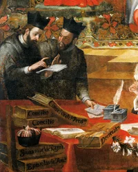 Diskussion mellem to jesuitter, detaljer fra St. Raymond af Penafort, rådgiver for pave Gregor IX, af Alonso Antonio Villamor (1661-1729). Fra St Steven