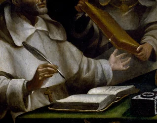 St. Alberts hænder, som han skriver, detalje af St. Paul, der viser sig for Saint Albert den Store og St. Thomas af Aquinas, maleri af Alonso Antonio Villamor (1661-1729), detaljer
