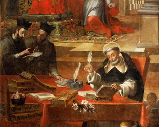 To jesuiter taler, mens den hellige Raymond skriver koncilet, detaljer fra den hellige Raymond af Penafort, rådgiver for pave Gregor IX, af Alonso Antonio Villamor (1661-1729). Fra klosteret St Esteban, Salamanca, Spanien.