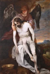 Spansk:  Cristo muerto sostenido por un ángel Den døde Kristus støttet af en engel